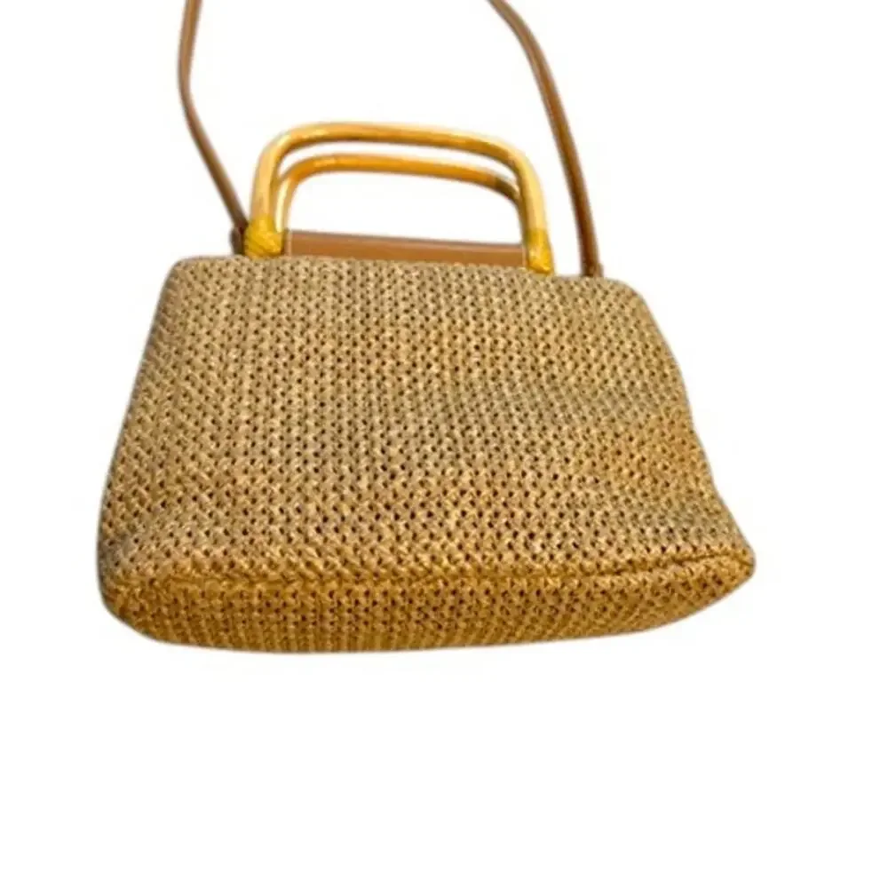 Vintage Fossil Woven Straw Bamboo Handle Top Handle Crossbody Bag